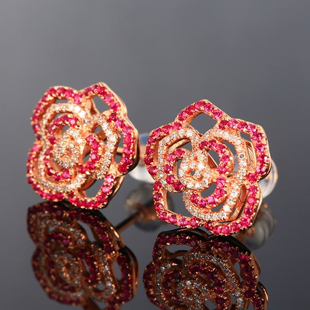 14k Gold 0.62 Ctw Natural Ruby & Diamond Earrings - 2