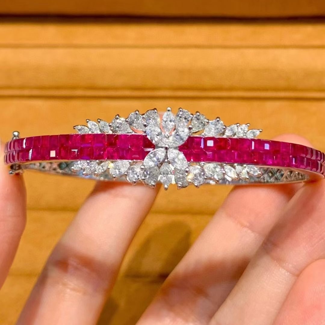 14k Gold 6.5 Ct Natural Ruby & Diamond Bangle - 2