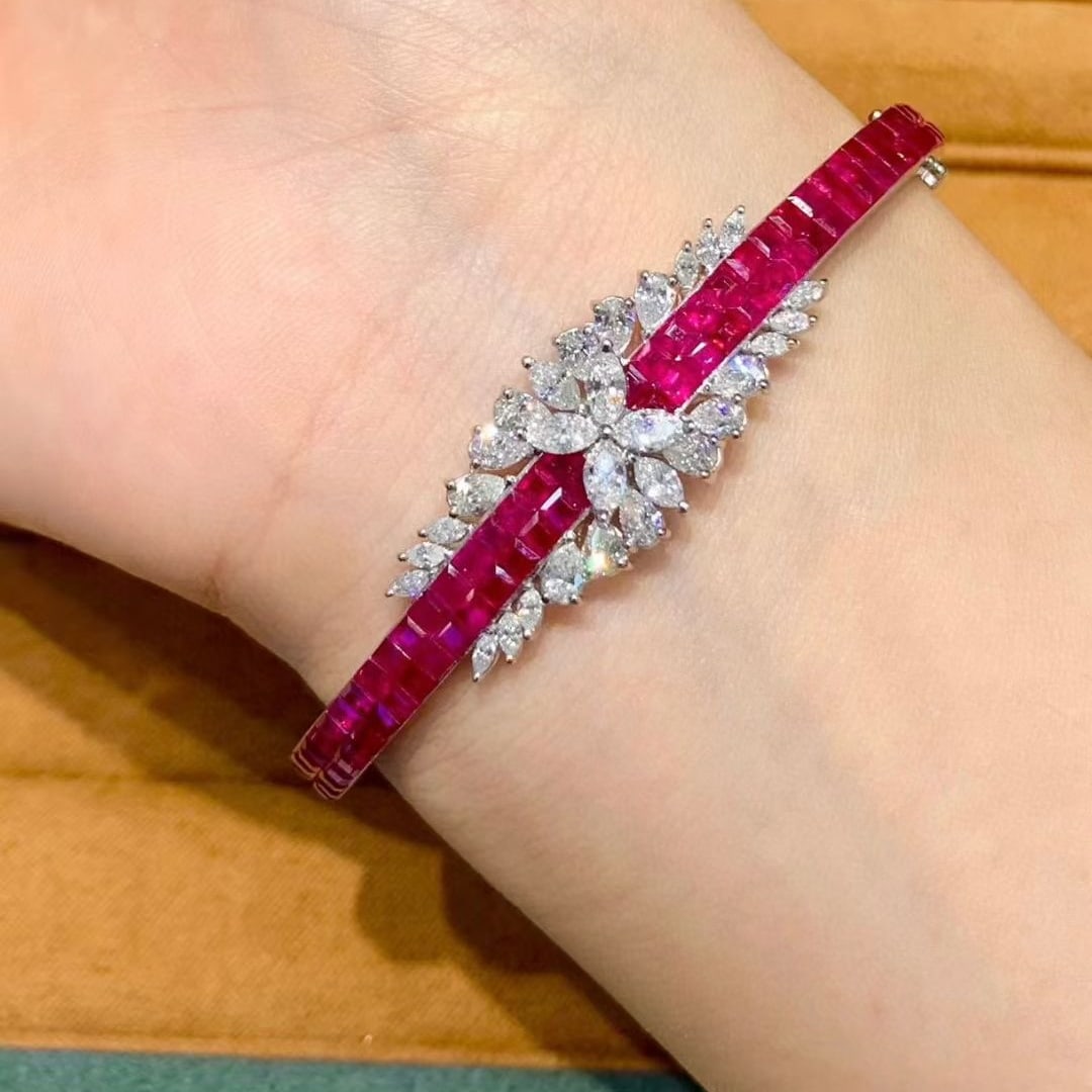 14k Gold 6.5 Ct Natural Ruby & Diamond Bangle - 5