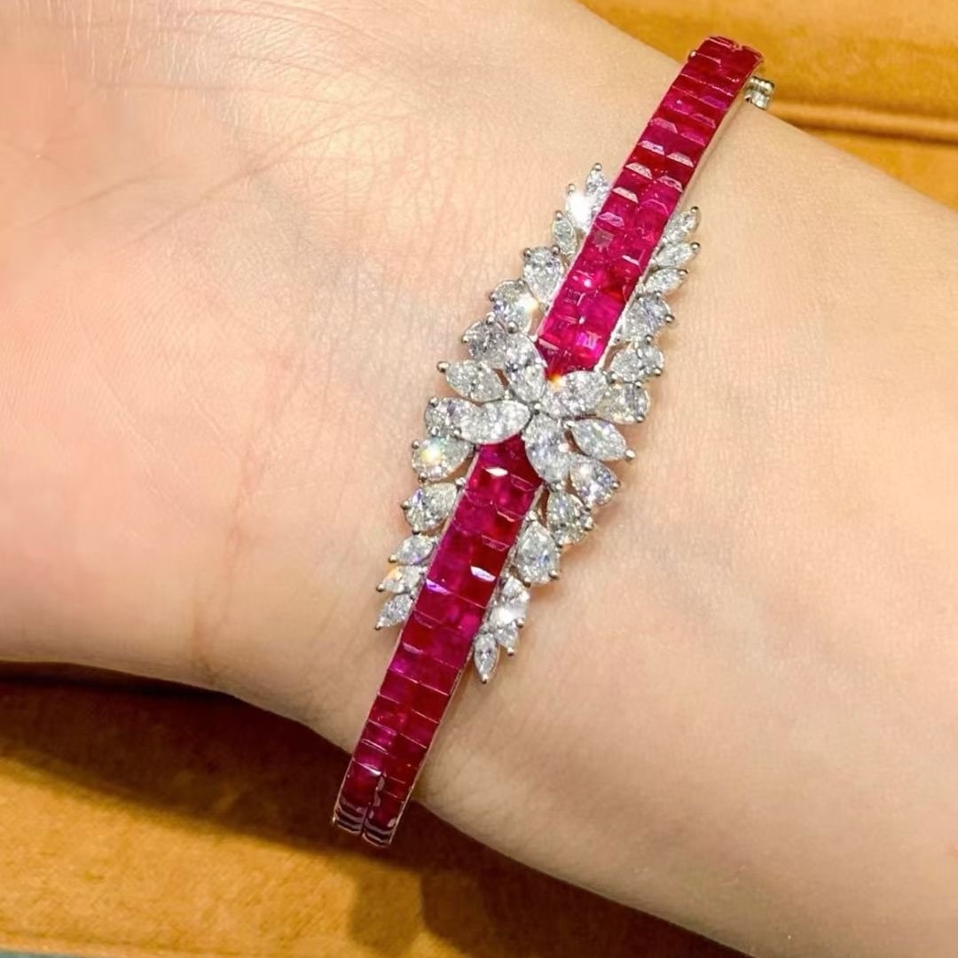 14k Gold 6.5 Ct Natural Ruby & Diamond Bangle - 6