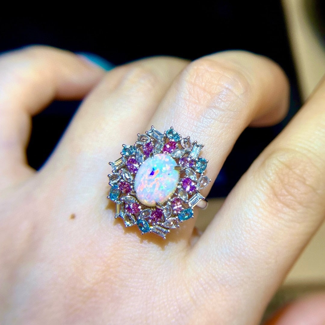 14k Gold 4.23 Ctw Natural Opal & Gem Ring - 7