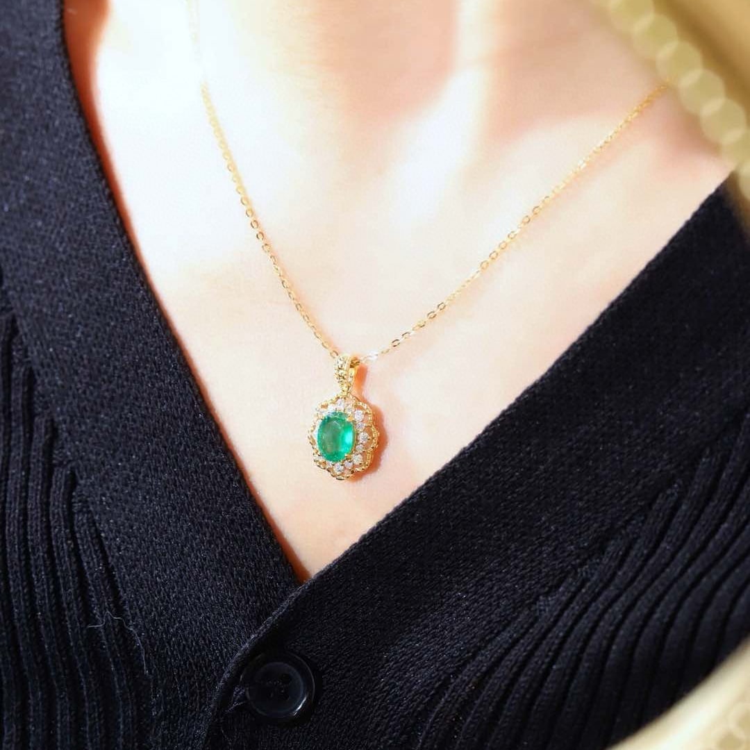 14k Gold 1.51 Ctw Natural Emerald & Diamond Pendant( Without Chain ) - 5