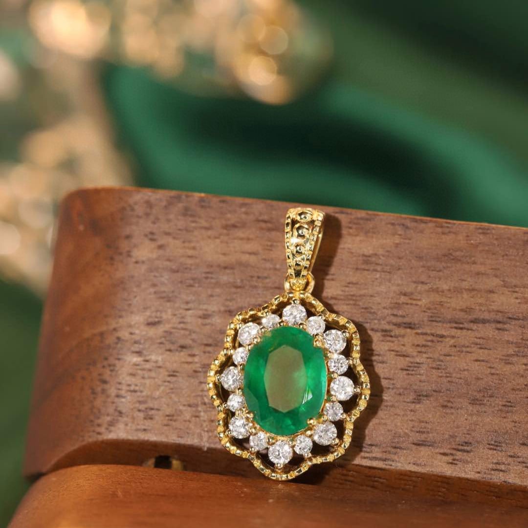 14k Gold 1.51 Ctw Natural Emerald & Diamond Pendant( Without Chain ) - 6