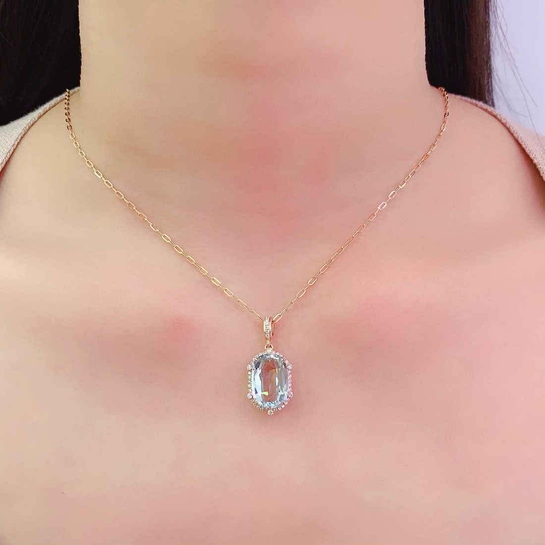 14k Gold 4.85 Ct Natural Aquamarine & Diamond Pendant( Without Chain ) - 6