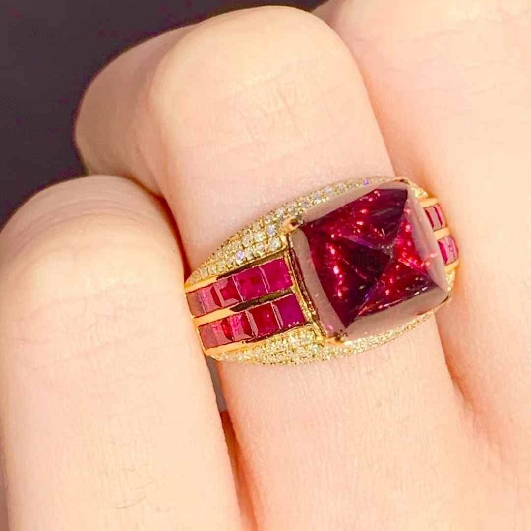 14k Gold 6.5 Ct Natural Tourmaline & Diamond & Ruby Ring - 2