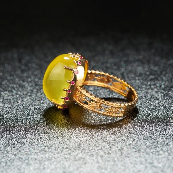 14k Gold 13.35 Ct Natural Prehnite & Ruby Ring - 3