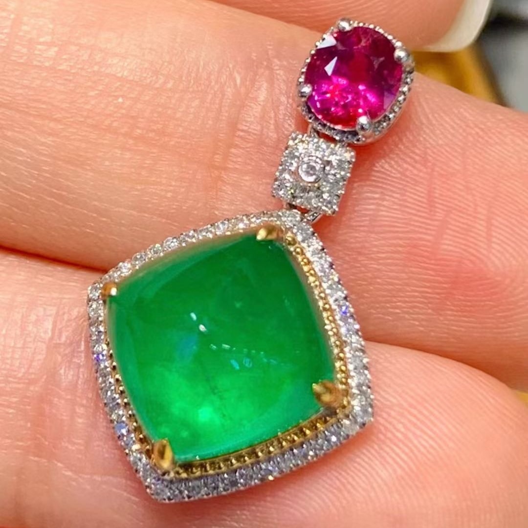 14k Gold 4.6 Ctw Vivid Green Natural Emerald & Ruby Pendant( Without Chain ) - 3
