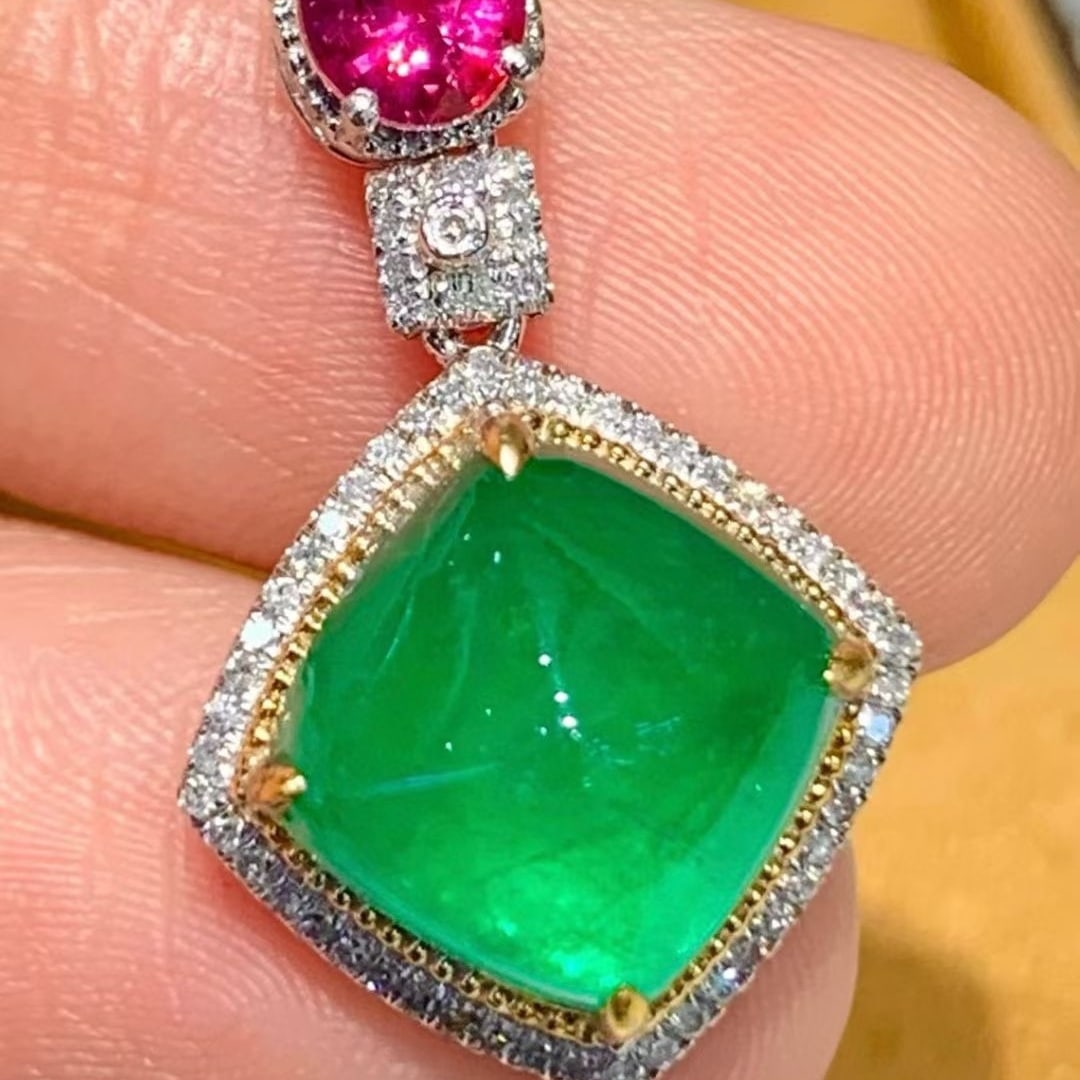 14k Gold 4.6 Ctw Vivid Green Natural Emerald & Ruby Pendant( Without Chain ) - 4