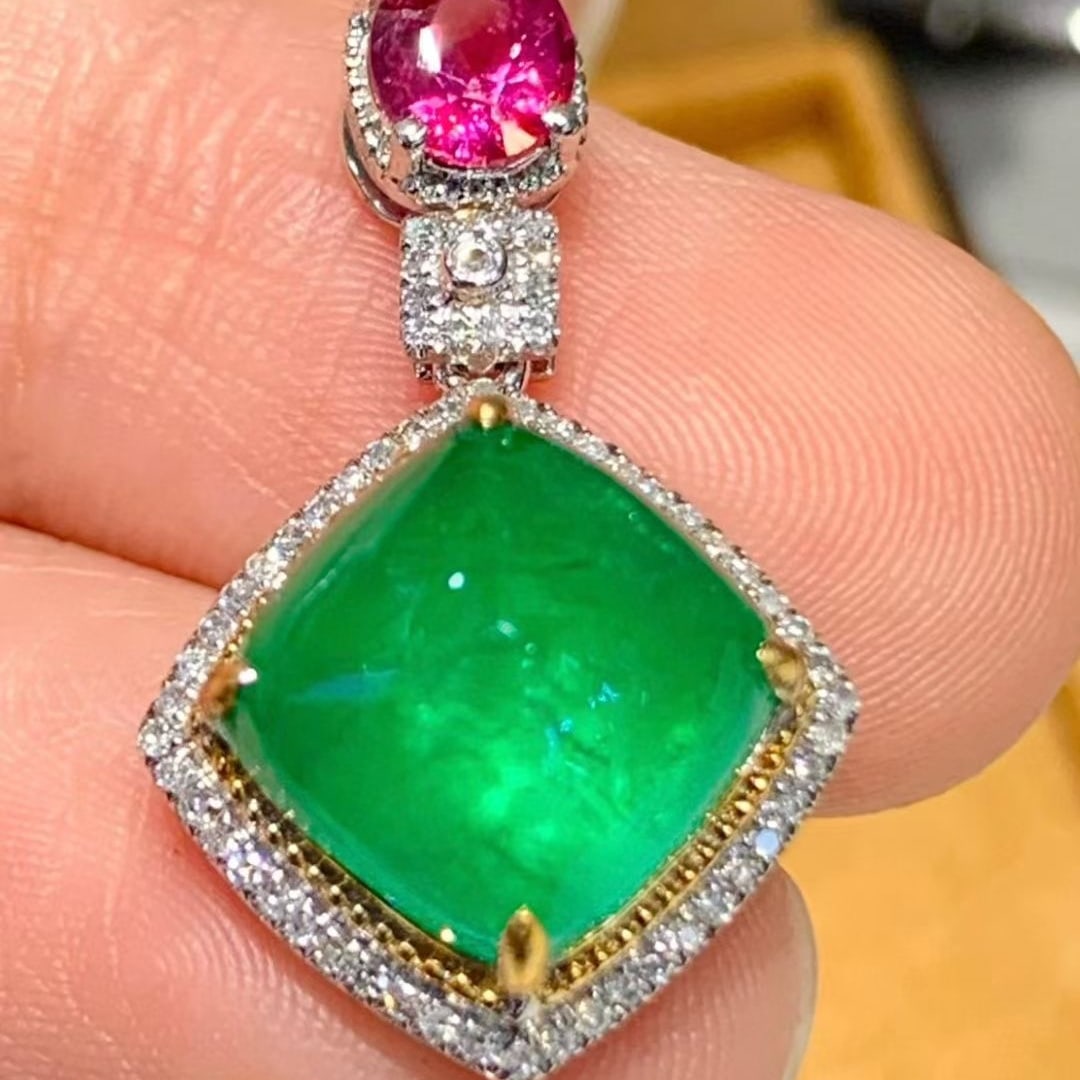14k Gold 4.6 Ctw Vivid Green Natural Emerald & Ruby Pendant( Without Chain ) - 5