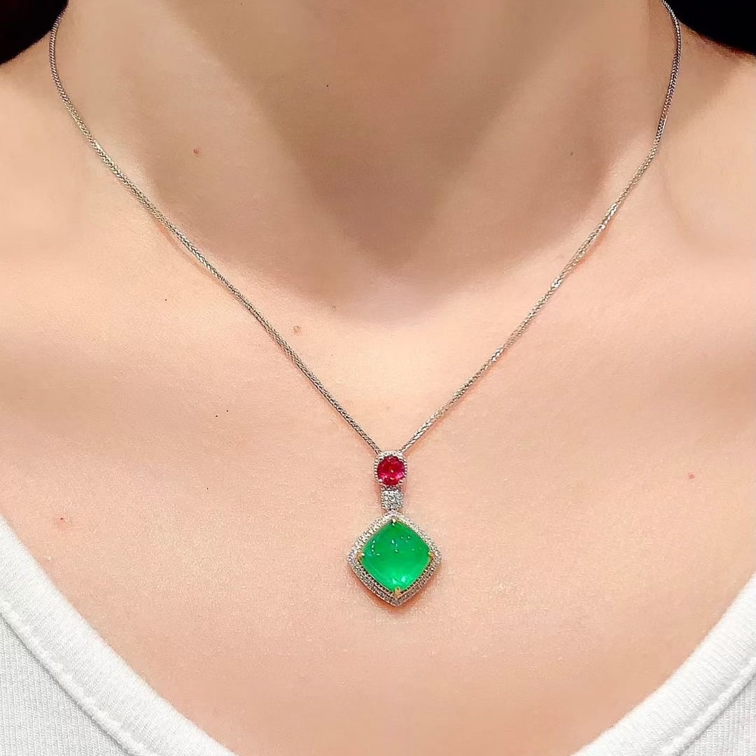 14k Gold 4.6 Ctw Vivid Green Natural Emerald & Ruby Pendant( Without Chain ) - 6