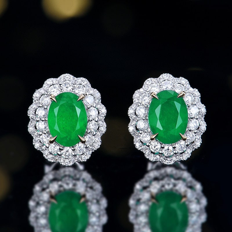 14k Gold 2.59 Ctw Vivid Green Natural Emerald & Diamond Earrings: Ref:231091259 // gold content:14k gold // main gemstone:emerald // shape:oval // carat weight:2ct // color:vivid green // treatment:natural // // adjacent gemstone 2 : diamond // number of stones:48 /