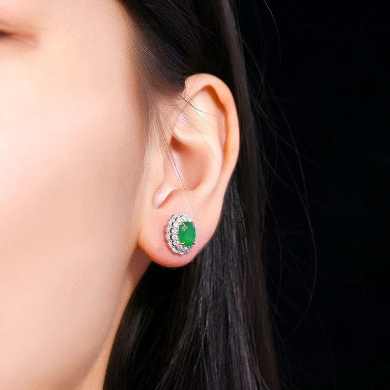 14k Gold 2.59 Ctw Vivid Green Natural Emerald & Diamond Earrings - 7