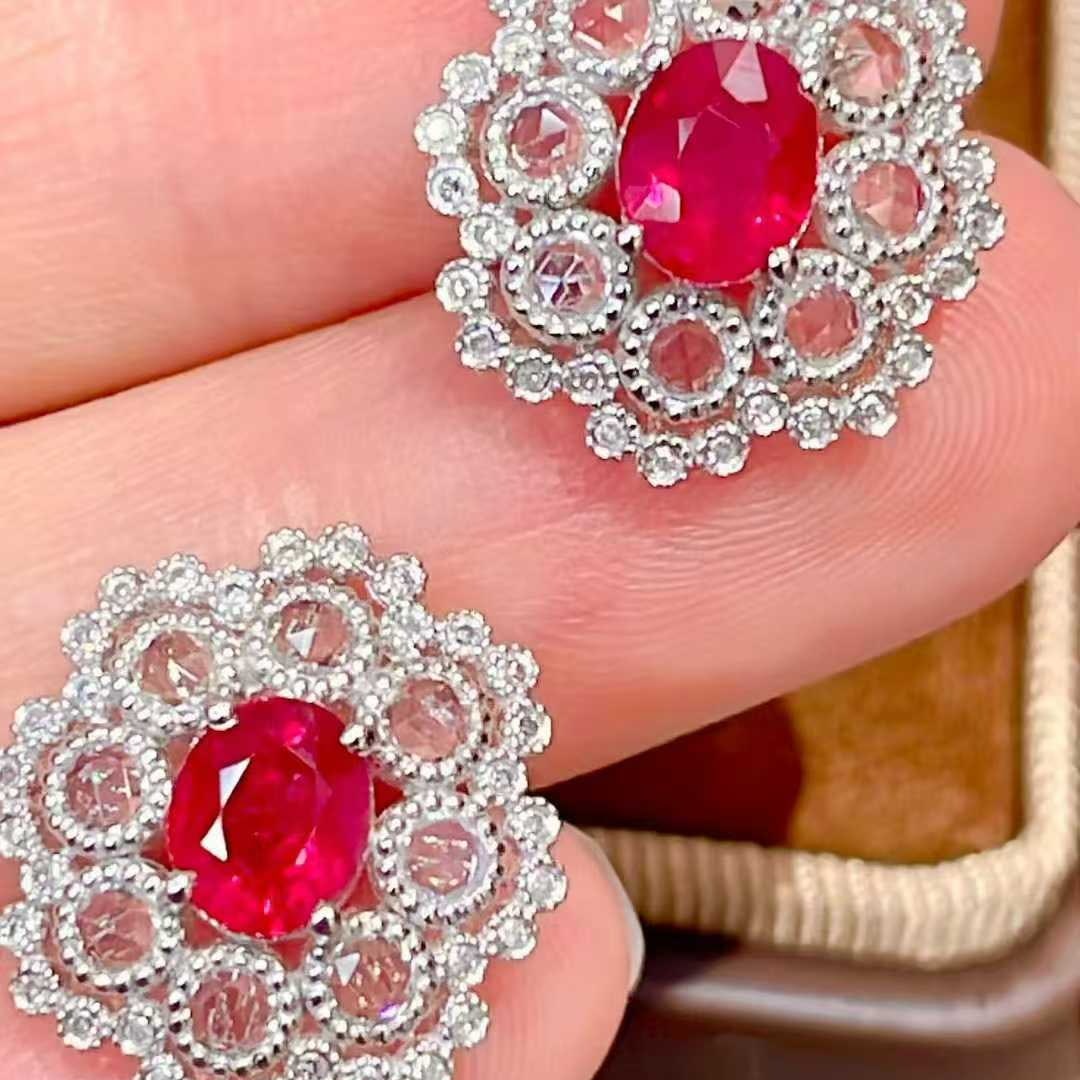 14k Gold 1.45 Ct Natural Ruby & Diamond & Sapphire Earrings - 2