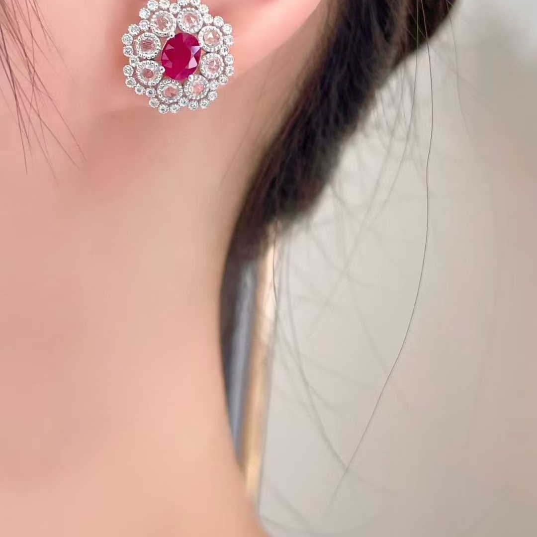 14k Gold 1.45 Ct Natural Ruby & Diamond & Sapphire Earrings - 3