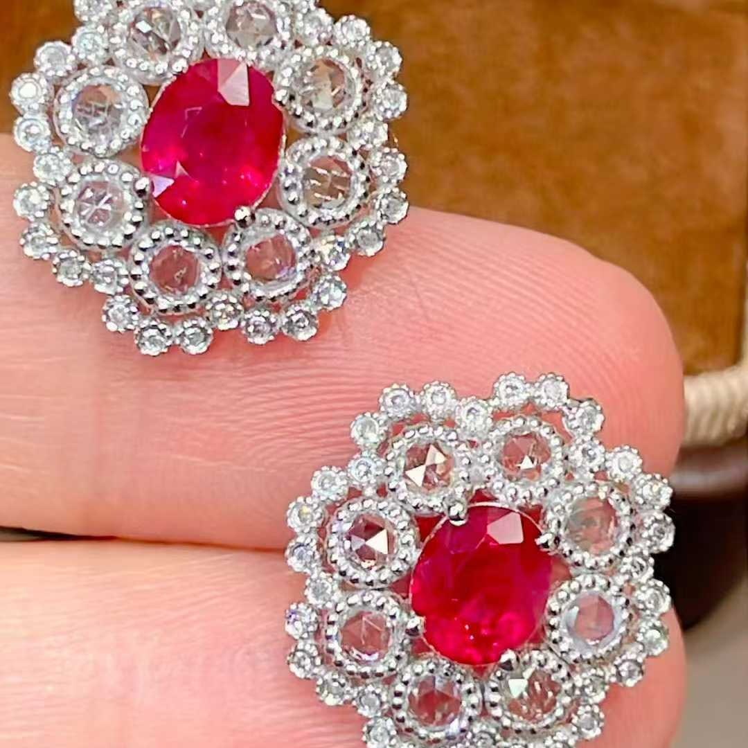 14k Gold 1.45 Ct Natural Ruby & Diamond & Sapphire Earrings - 4