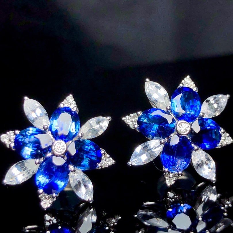 14k Gold 3.24 Ctw Vivid Blue Natural Sapphire & Diamond Earrings - 2
