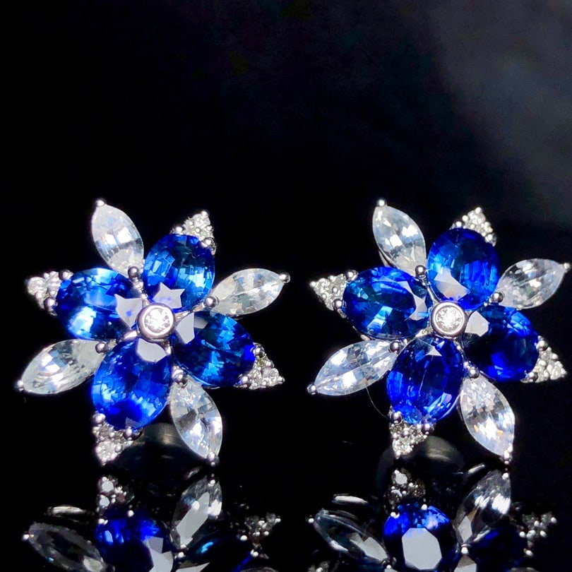 14k Gold 3.24 Ctw Vivid Blue Natural Sapphire & Diamond Earrings - 4