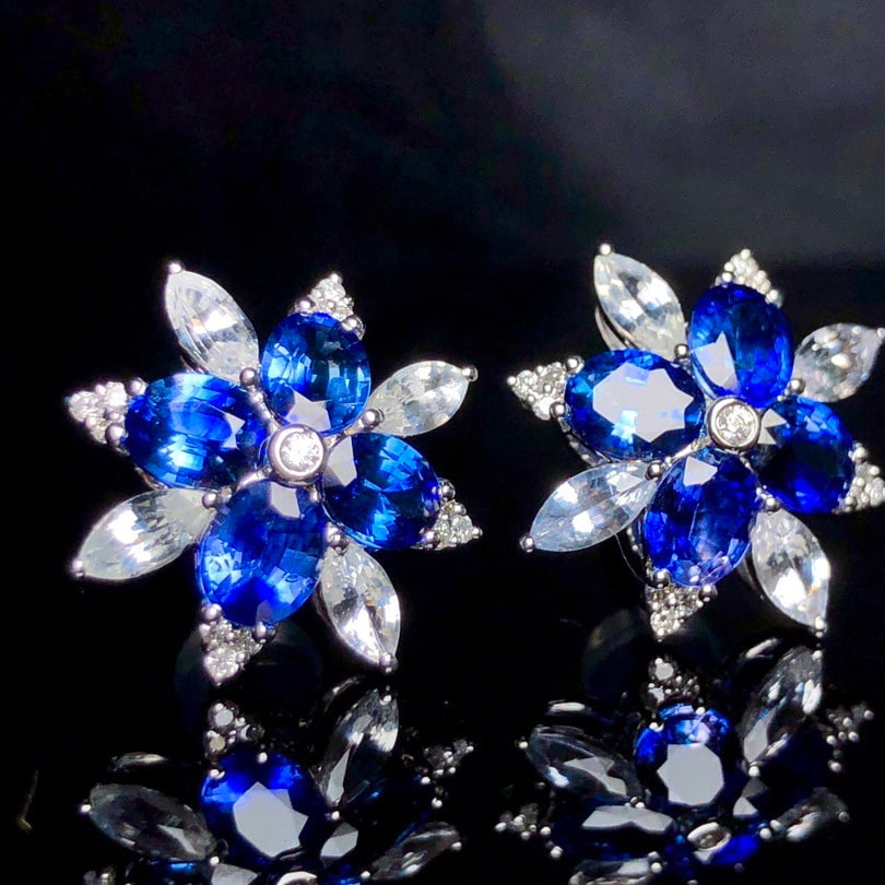 14k Gold 3.24 Ctw Vivid Blue Natural Sapphire & Diamond Earrings - 5