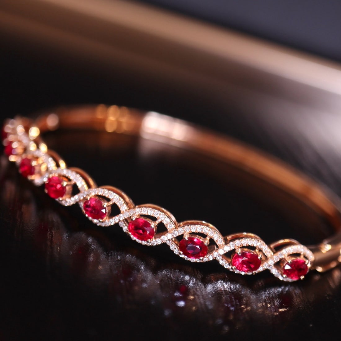 14k Gold 2.3 Ct Natural Ruby & Diamond Bangle - 2