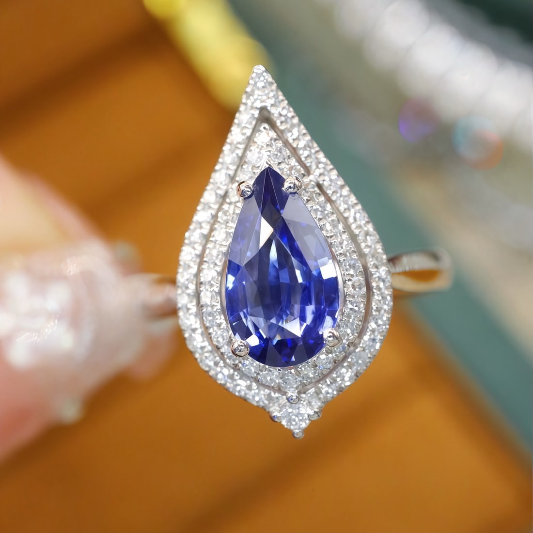 14k Gold 1.96 Ctw Natural Sapphire & Diamond Ring: Ref:231092067 // gold content:14k gold // ring size:7. 25us // // main gemstone:sapphire // shape:pear // carat weight:1. 63ct // color:blue // treatment:natural // // adjacent gemstone 2 : diamond //