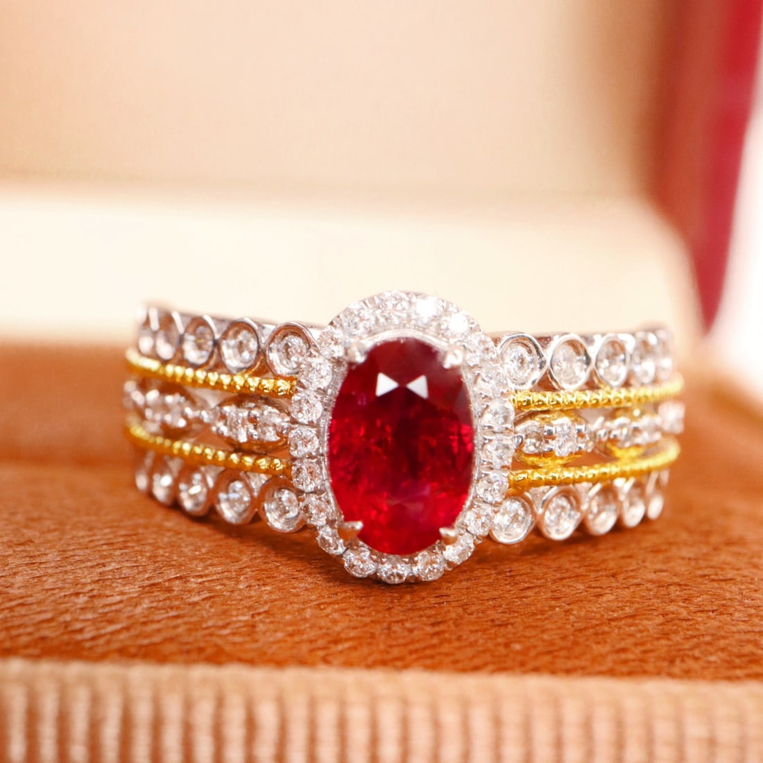 14k Gold 1.04 Ctw Natural Ruby & Diamond Ring: Ref:231092085 // gold content:14k gold // ring size:7. 25us // // main gemstone:ruby // shape:oval // carat weight:0. 72ct // color:pigeonblood red // treatment:natural // // adjacent gemstone 2 : dia