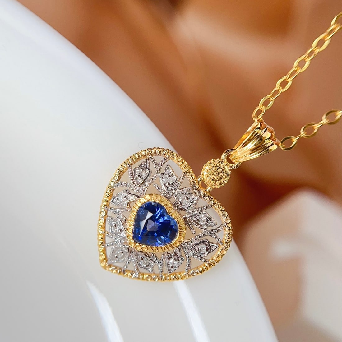 14k Gold 0.80 Ct Natural Sapphire & Diamond Pendant( Without Chain ) - 2