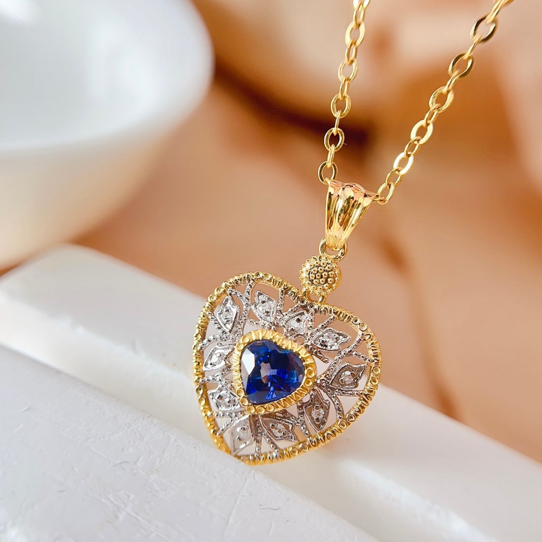 14k Gold 0.80 Ct Natural Sapphire & Diamond Pendant( Without Chain ) - 4