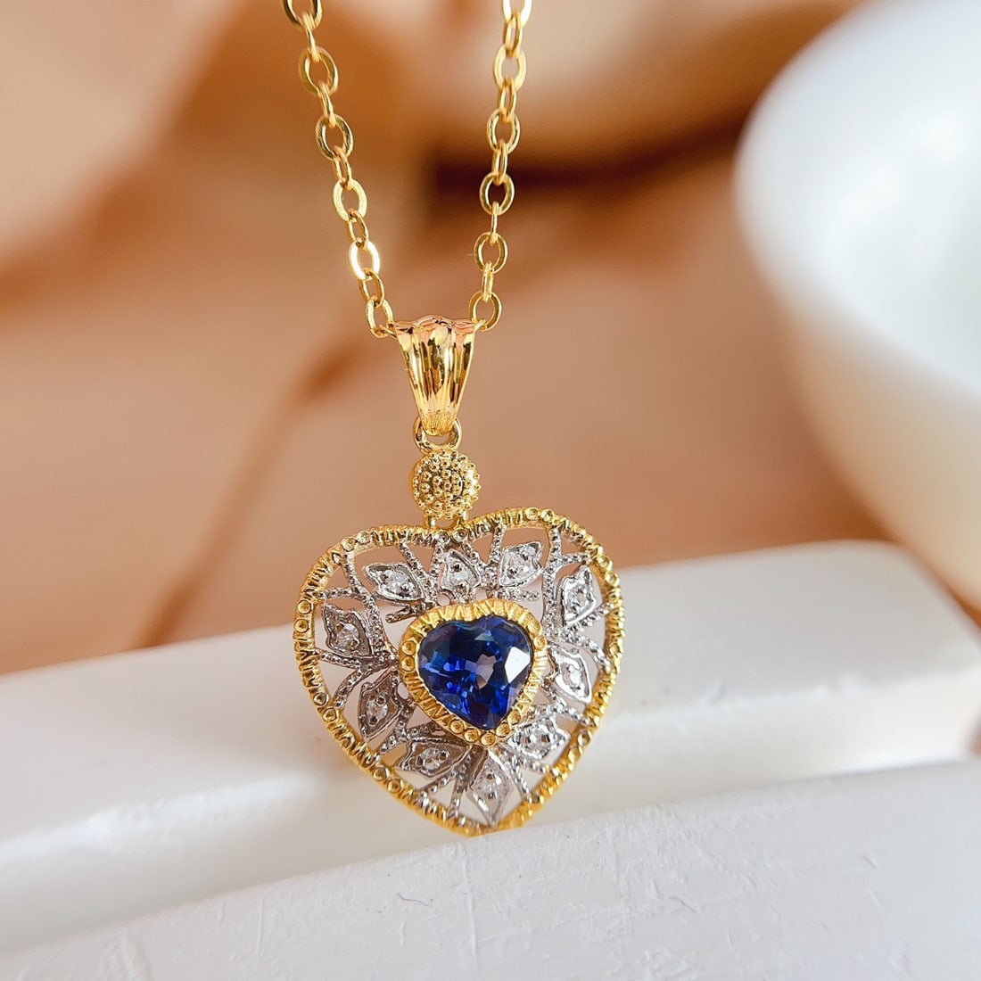 14k Gold 0.80 Ct Natural Sapphire & Diamond Pendant( Without Chain ) - 5