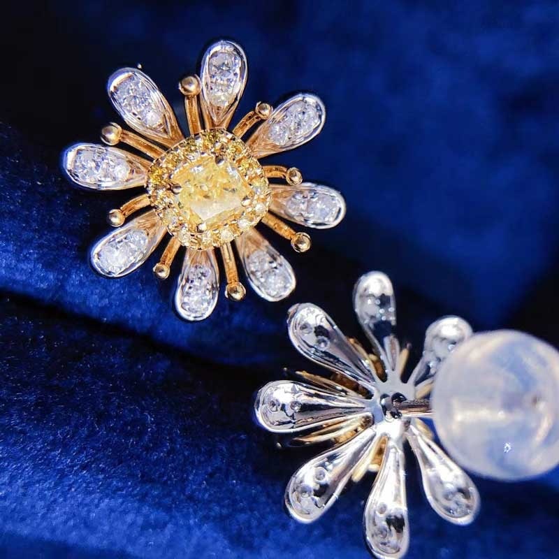 14k Gold 0.70 Ctw Natural Yellow Diamond & Diamond Earrings - 3