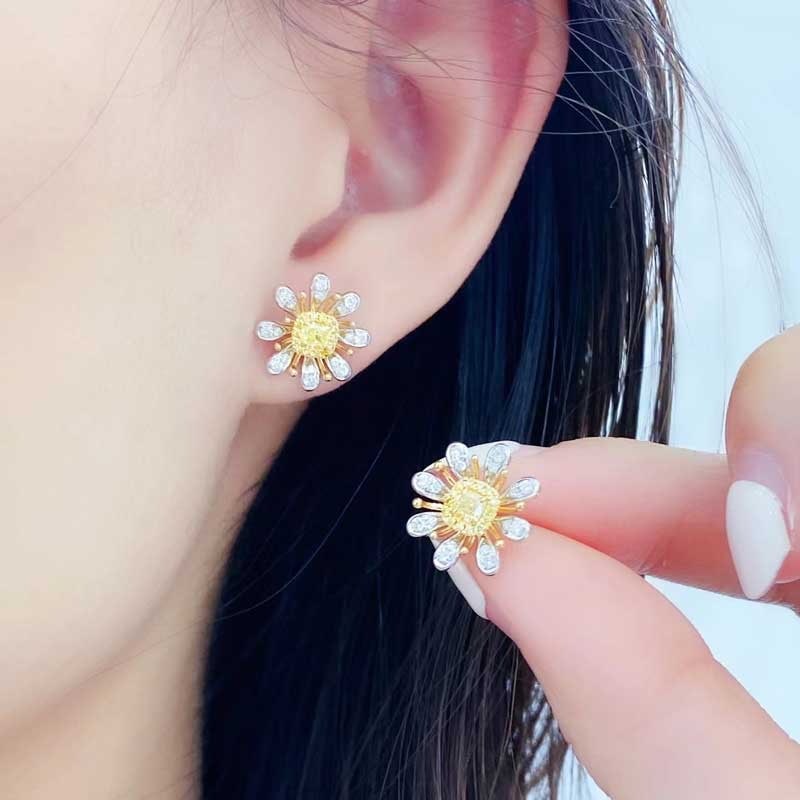 14k Gold 0.70 Ctw Natural Yellow Diamond & Diamond Earrings - 4