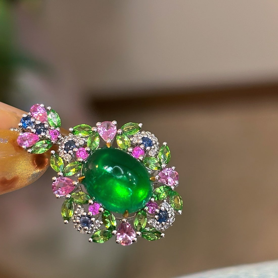 14k Gold 2.7 Ct Vivid Green Natural Emerald & Diamond & Sapphire & Tsavorite Pendant( Without Chain - 2