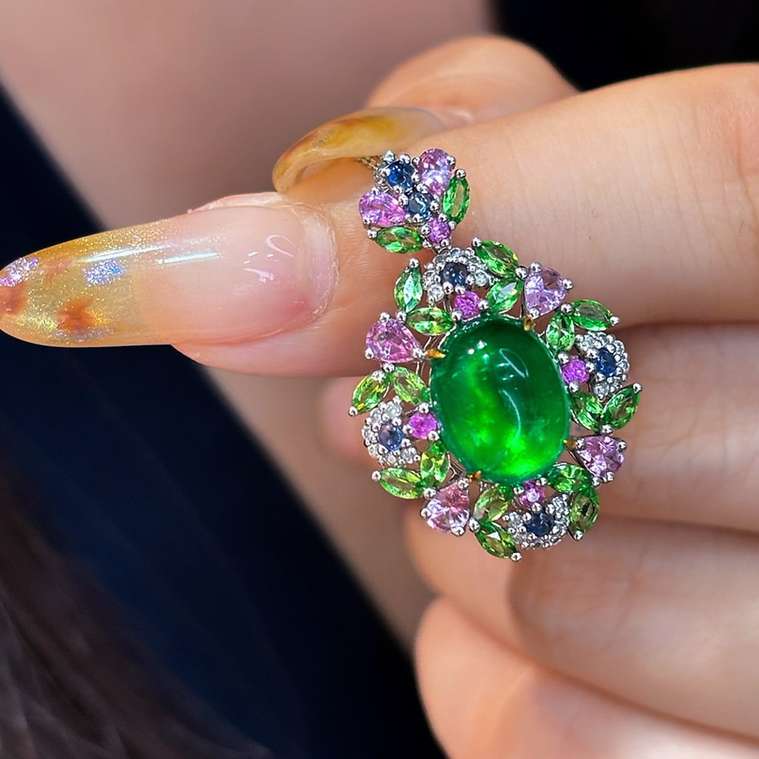 14k Gold 2.7 Ct Vivid Green Natural Emerald & Diamond & Sapphire & Tsavorite Pendant( Without Chain - 3