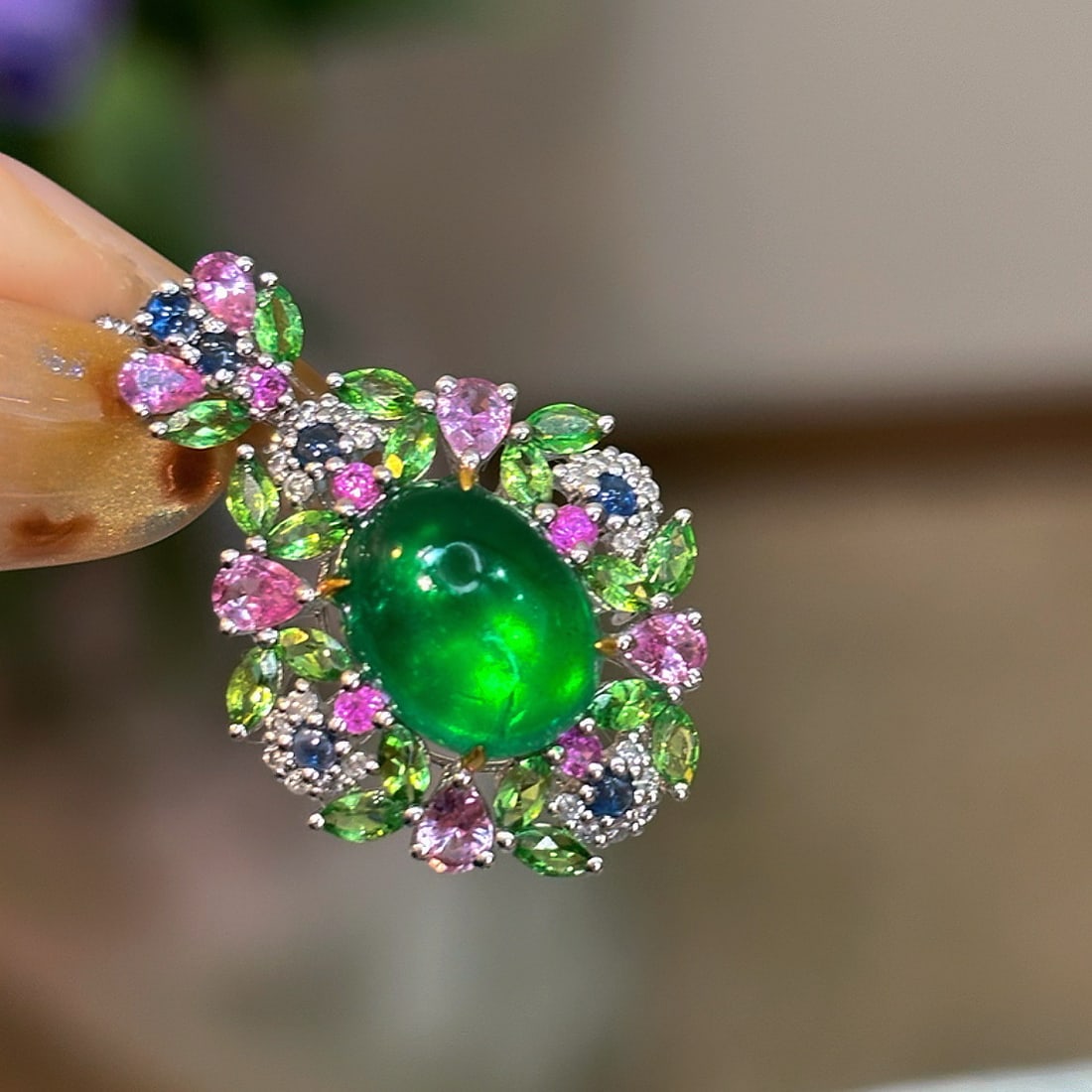 14k Gold 2.7 Ct Vivid Green Natural Emerald & Diamond & Sapphire & Tsavorite Pendant( Without Chain - 4