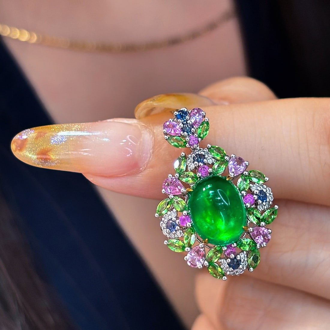 14k Gold 2.7 Ct Vivid Green Natural Emerald & Diamond & Sapphire & Tsavorite Pendant( Without Chain - 5