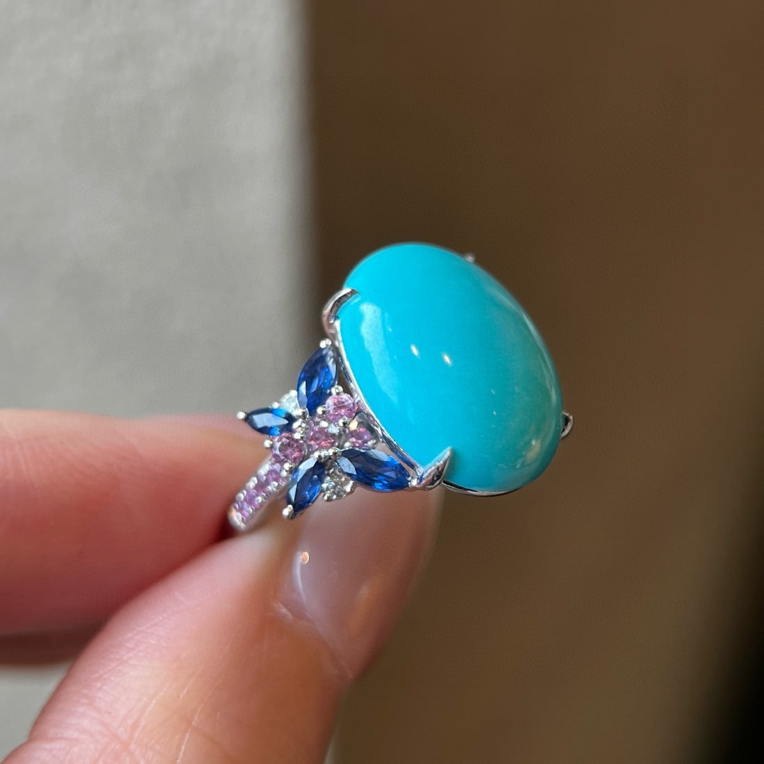 14k Gold 6.53 Ctw Natural Blue Turquoise & Diamond Ring - 2