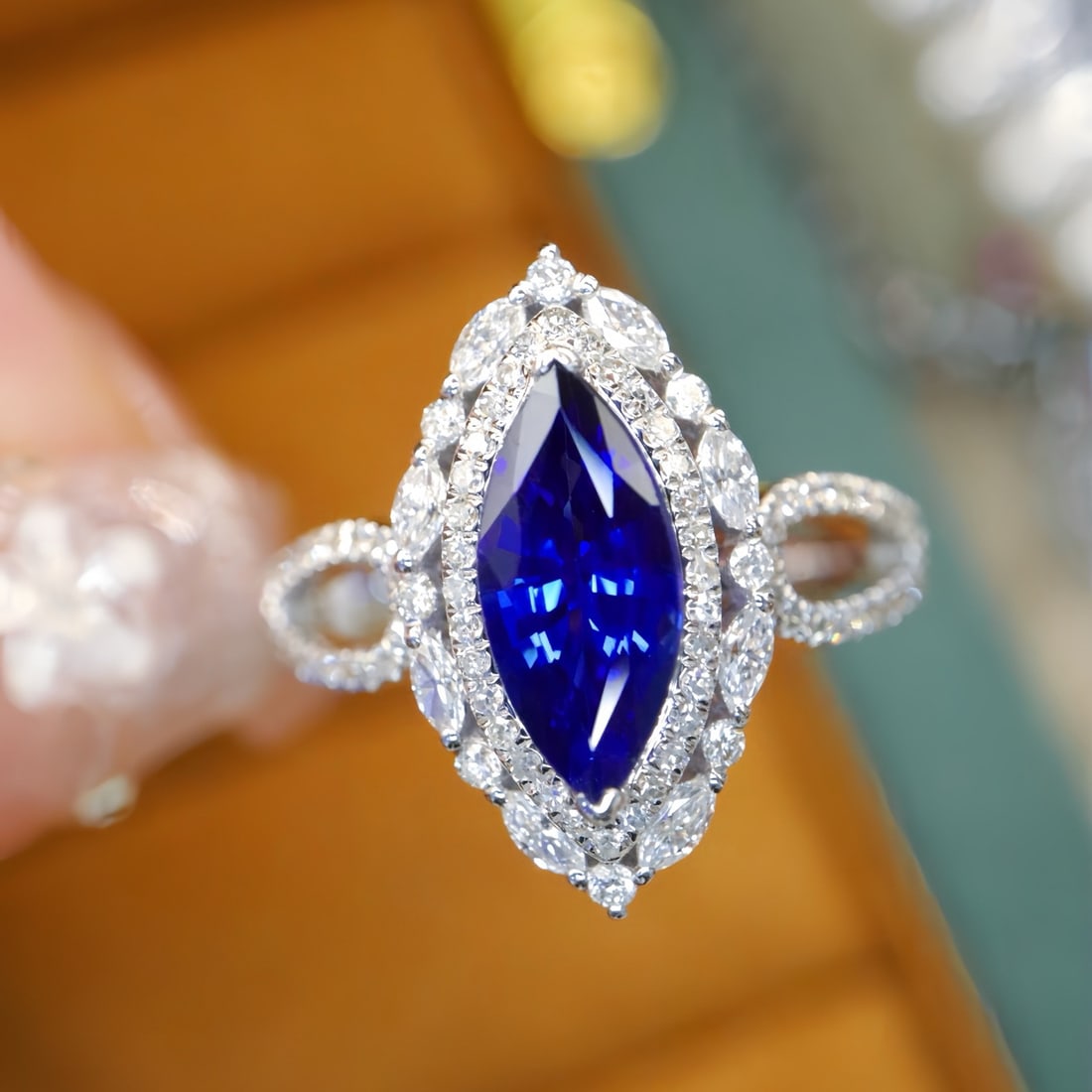 14k Gold 1.93 Ctw Natural Sapphire & Diamond Ring: Ref:231092117 // gold content:14k gold // ring size:7. 25us // // main gemstone:sapphire // shape:marquise // carat weight:1. 45ct // color:royal blue // treatment:natural // // adjacent gemstone 2 :