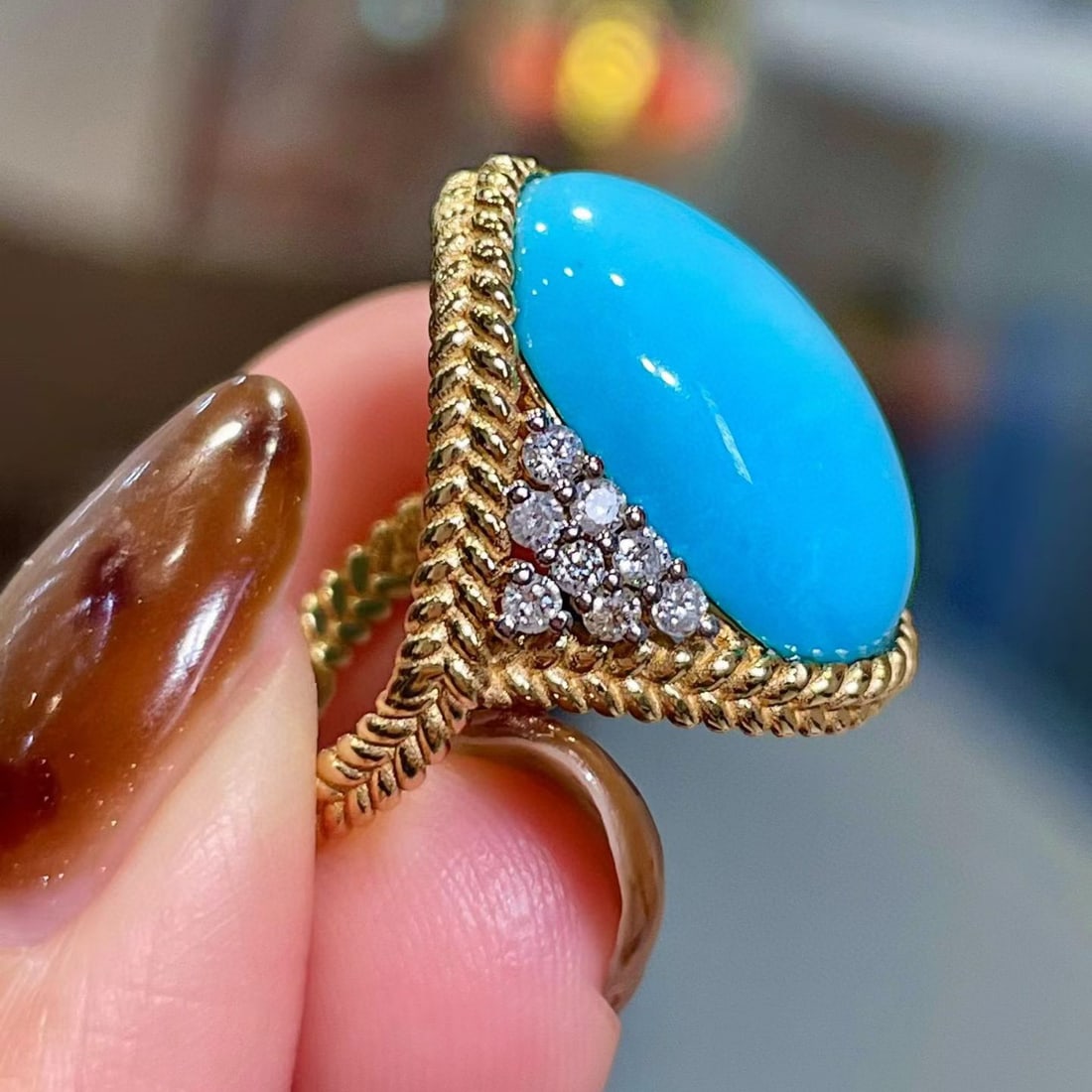 14k Gold 10.54 Ctw Natural Blue Turquoise & Diamond Ring - 3