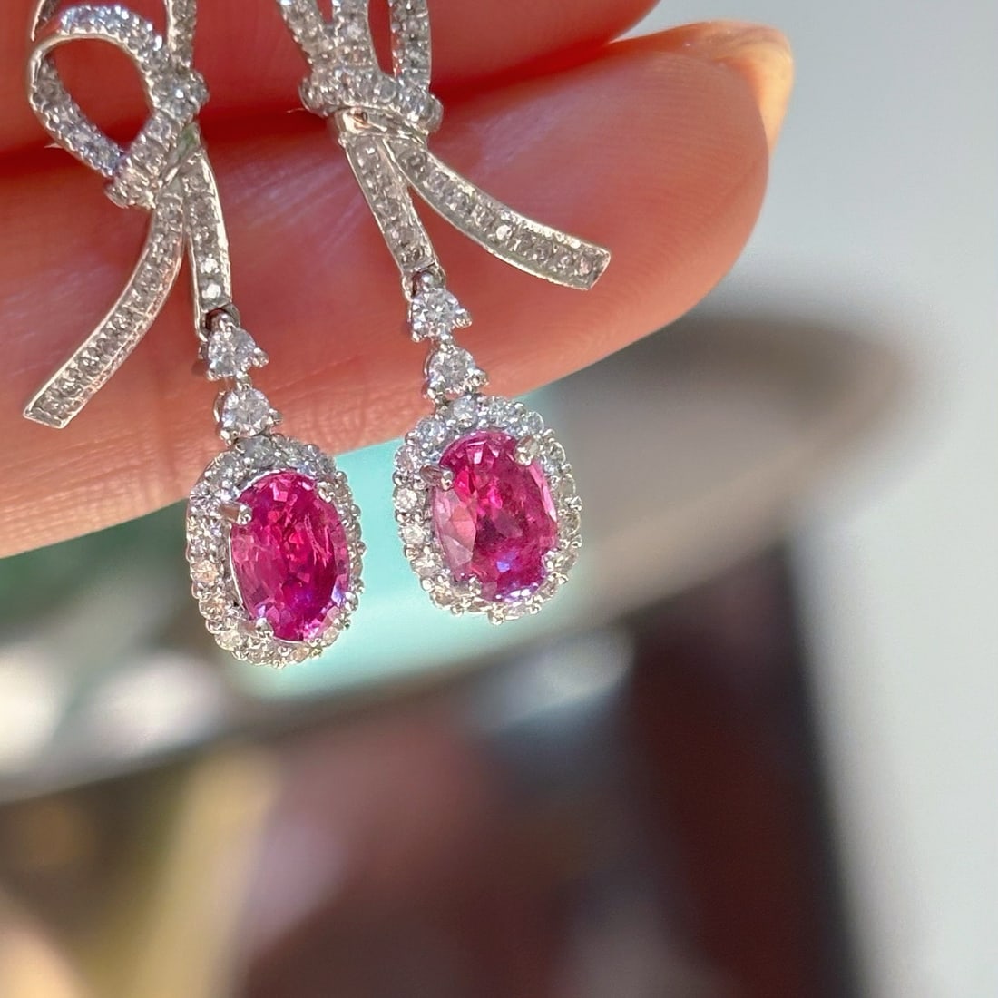 14k Gold 1.1 Ct Natural Padparadscha Sapphire & Diamond Earrings - 5