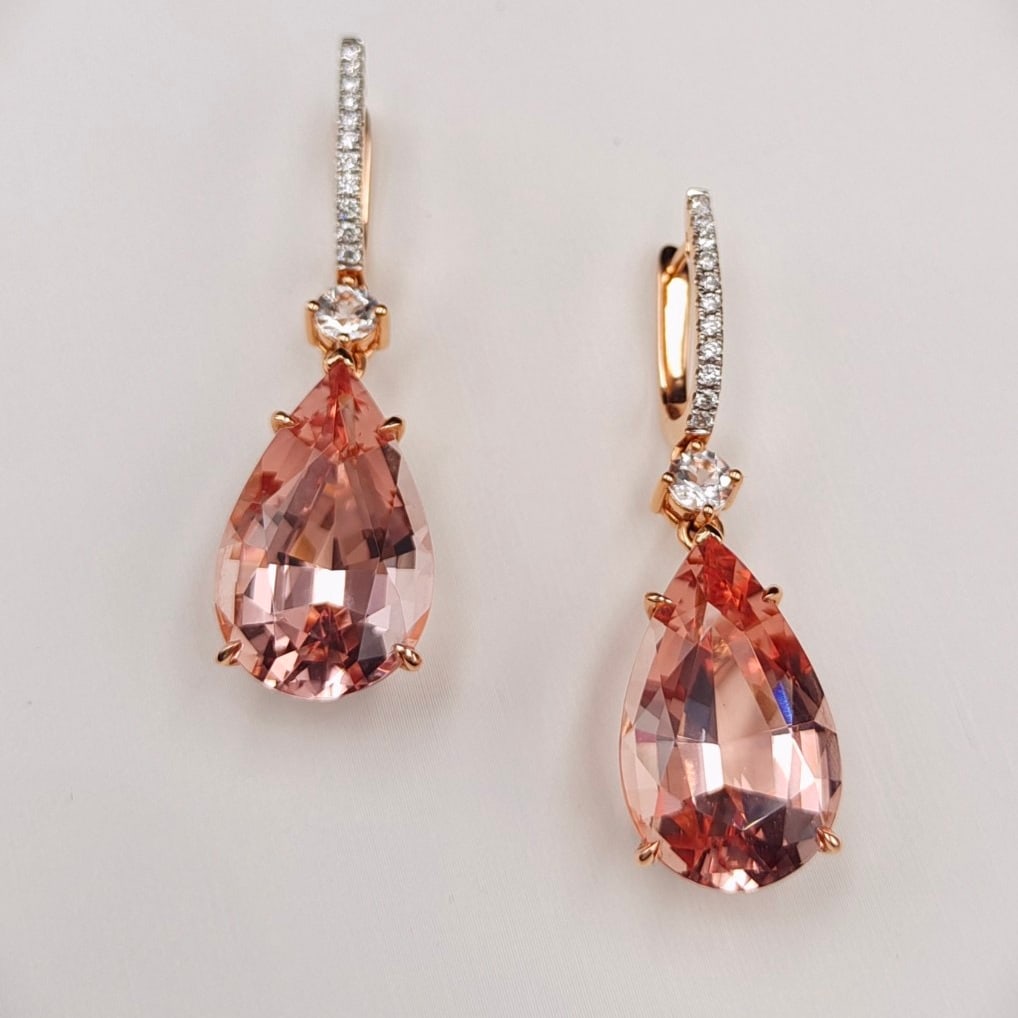 14k Gold 21.41 Ctw Natural Morganite & Diamond Earrings: Ref:231092181 // gold content:14k gold // main gemstone:morganite // shape:pear // carat weight:21. 19ct // color:pink // treatment:natural // // adjacent gemstone 2 : diamond // shape:round // carat 