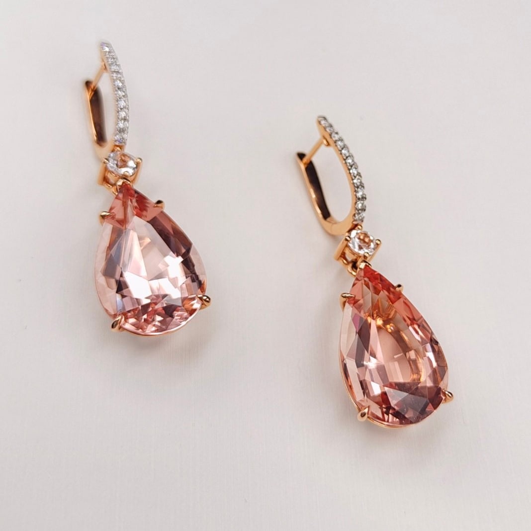 14k Gold 21.41 Ctw Natural Morganite & Diamond Earrings - 2