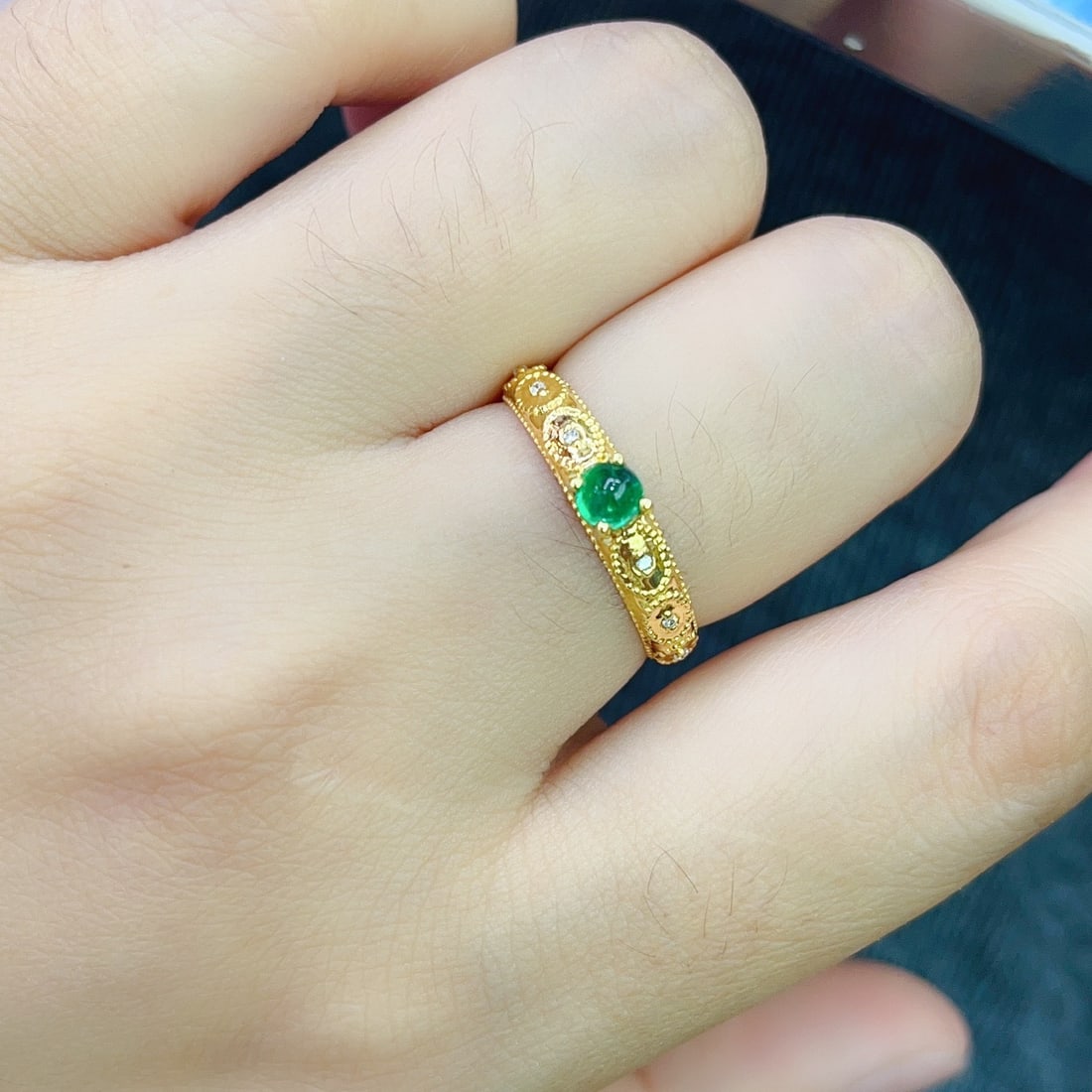 14k Gold 0.58 Ct Vivid Green Natural Emerald & Diamond Ring - 6