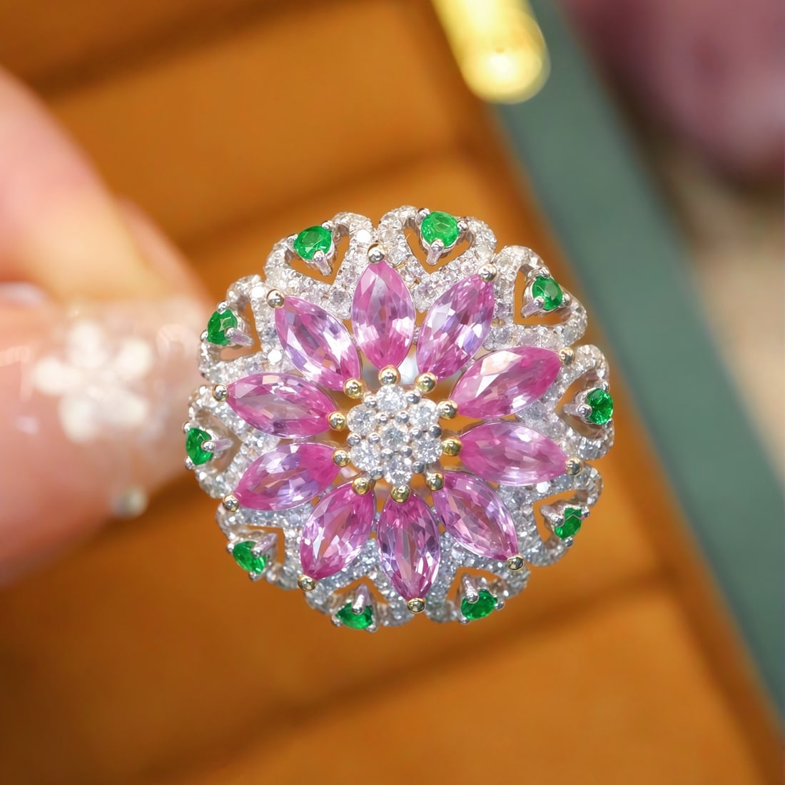14k Gold 2.34 Ctw Natural Sapphire & Diamond Ring: Ref:231092209 // gold content:14k gold // ring size:7. 25us // // main gemstone:sapphire // shape:marquise // carat weight:1. 88ct // color:pink // treatment:natural // // adjacent gemstone 2 :