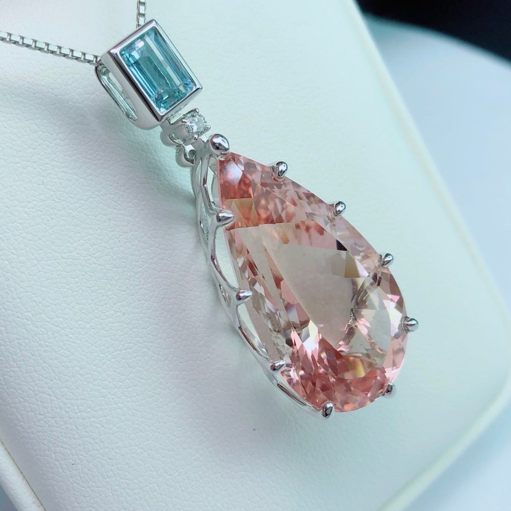 14k Gold 34.40 Ctw Natural Morganite & Aquamarine Pendant( Without Chain ) - 2