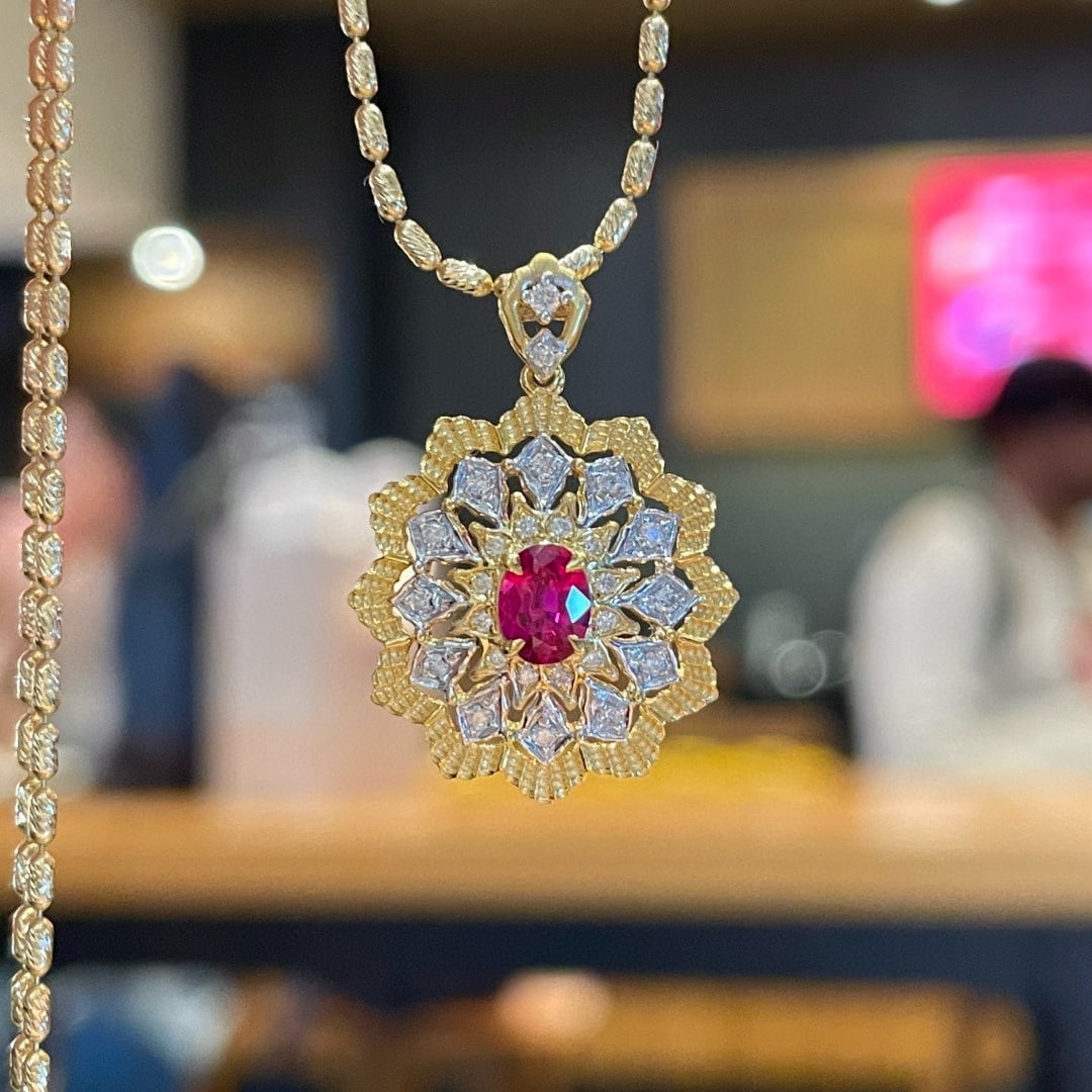 14k Gold 0.38 Ct Natural Ruby & Diamond Pendant( Without Chain ): Ref:231092224 // gold content:14k gold // main gemstone:ruby // shape:oval // carat weight:0. 38ct // color:red // treatment:natural // // adjacent gemstone 2 : diamond // shape:round // clarity