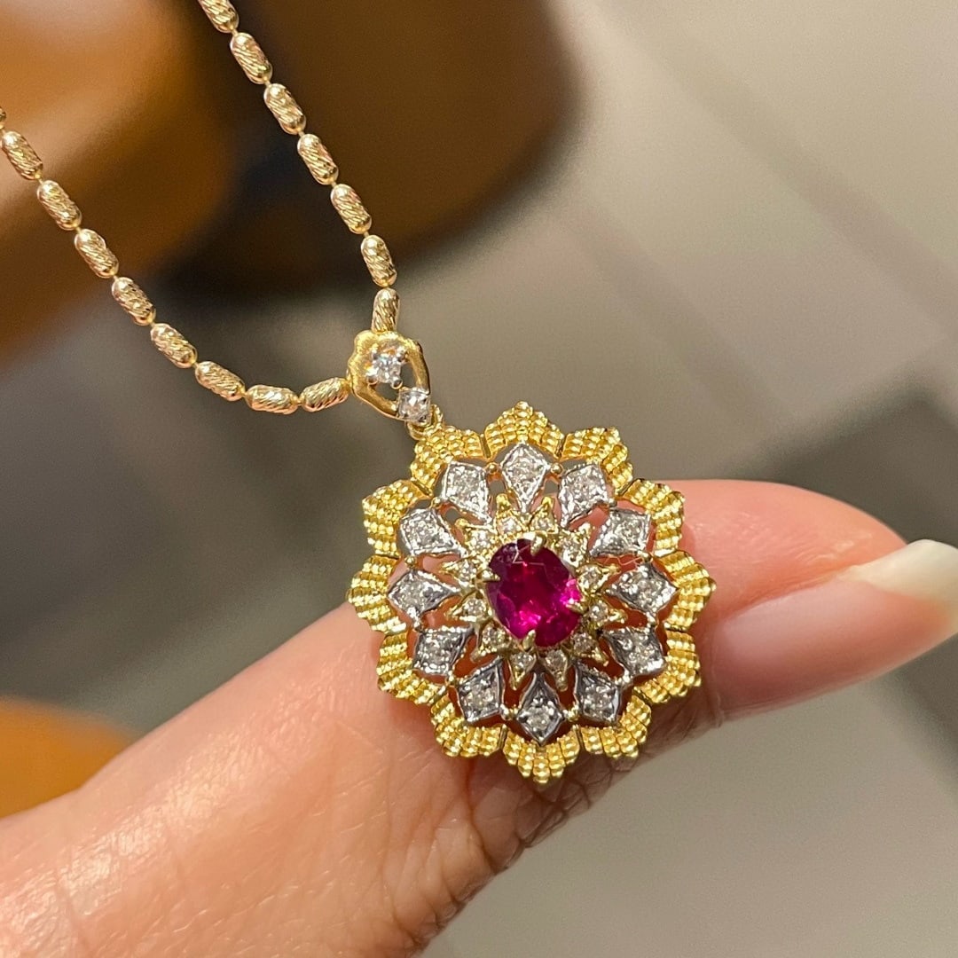 14k Gold 0.38 Ct Natural Ruby & Diamond Pendant( Without Chain ) - 2