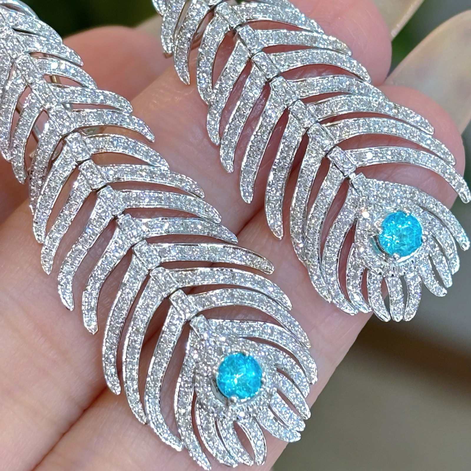 14k Gold 1.3 Ct Natural H Diamond & Paraiba Tourmaline Earrings - 2