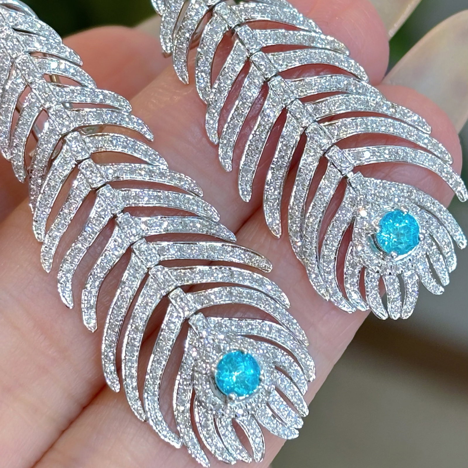 14k Gold 1.3 Ct Natural H Diamond & Paraiba Tourmaline Earrings - 3