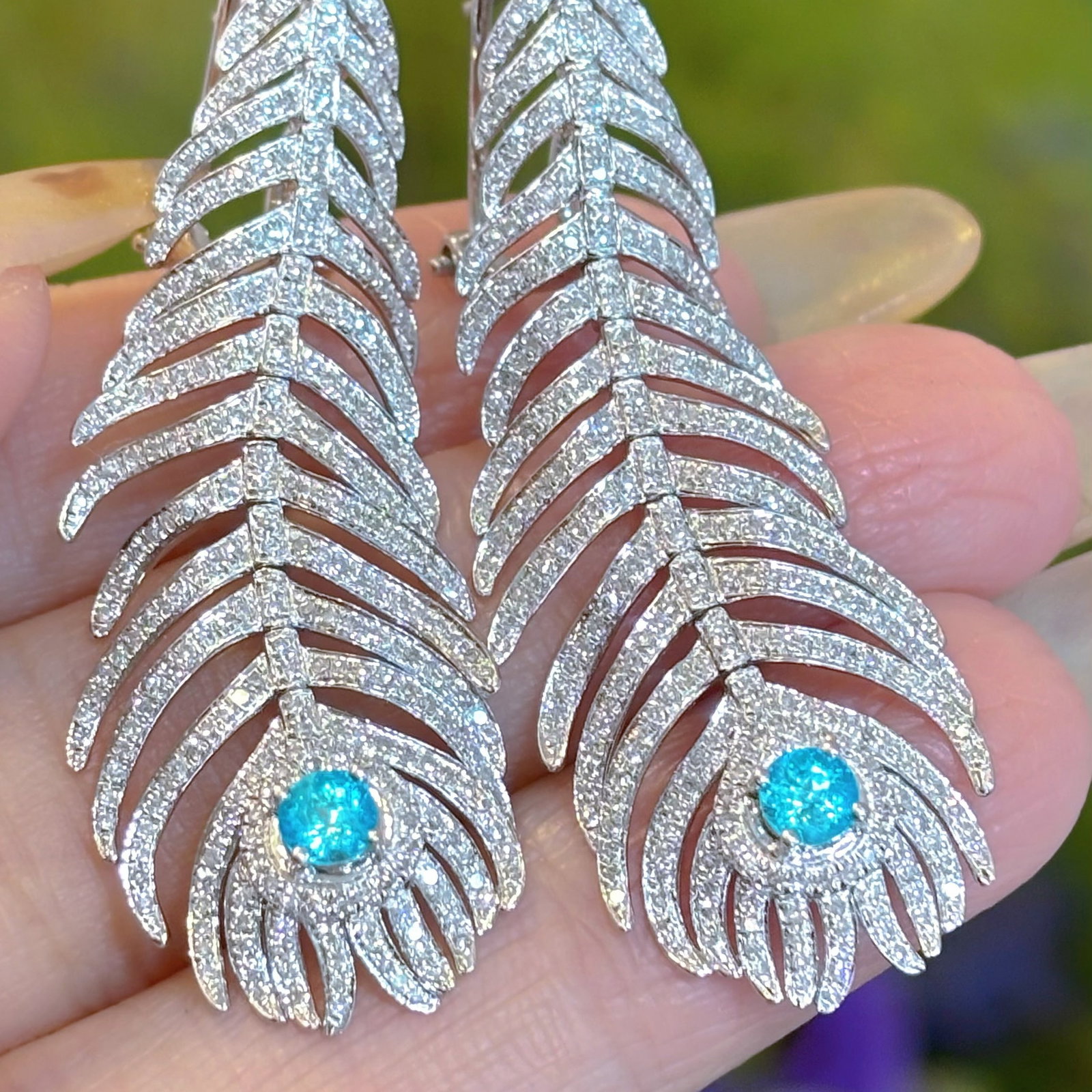 14k Gold 1.3 Ct Natural H Diamond & Paraiba Tourmaline Earrings - 4