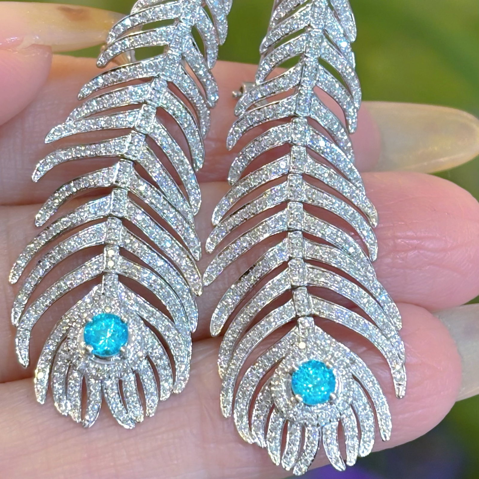 14k Gold 1.3 Ct Natural H Diamond & Paraiba Tourmaline Earrings - 5