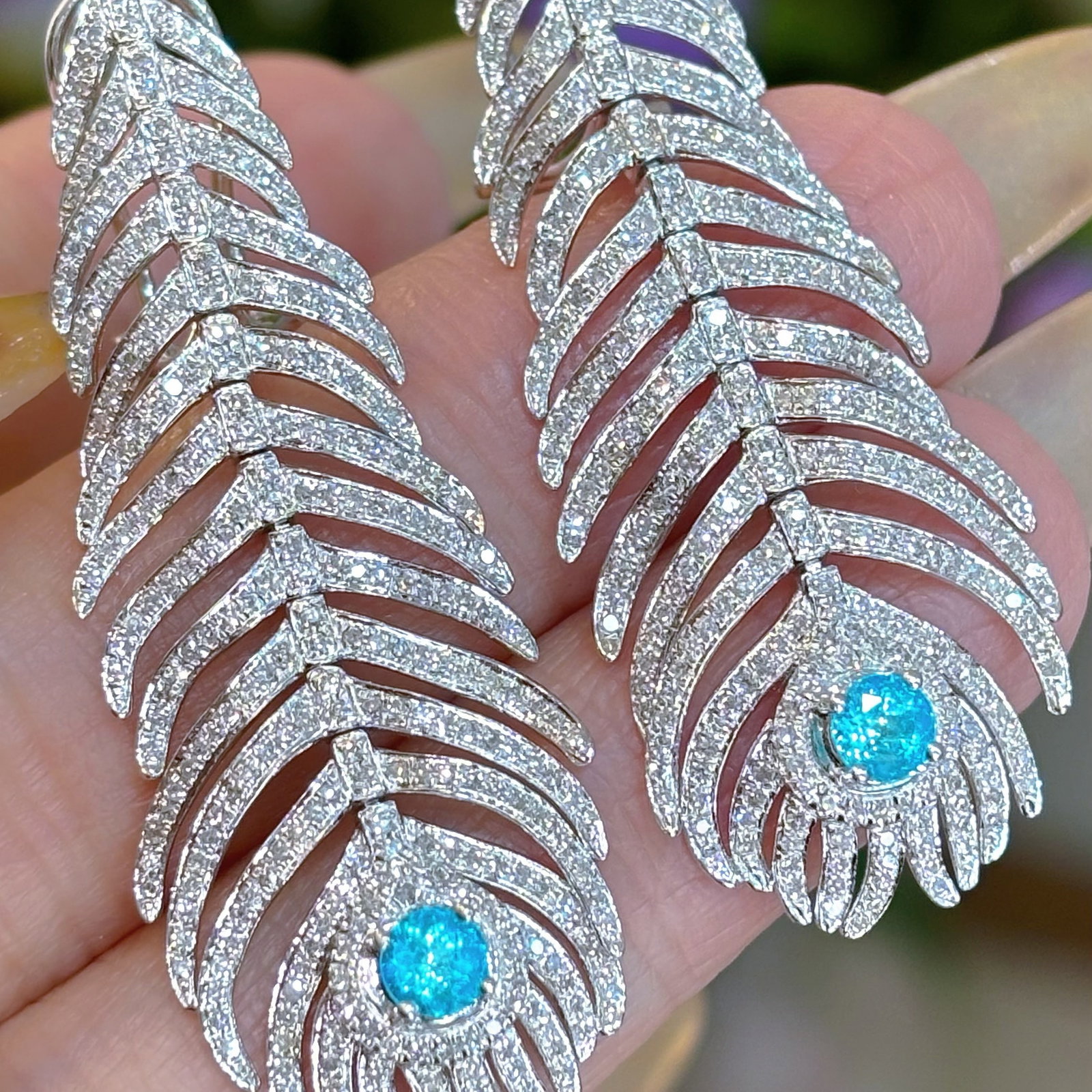 14k Gold 1.3 Ct Natural H Diamond & Paraiba Tourmaline Earrings - 6